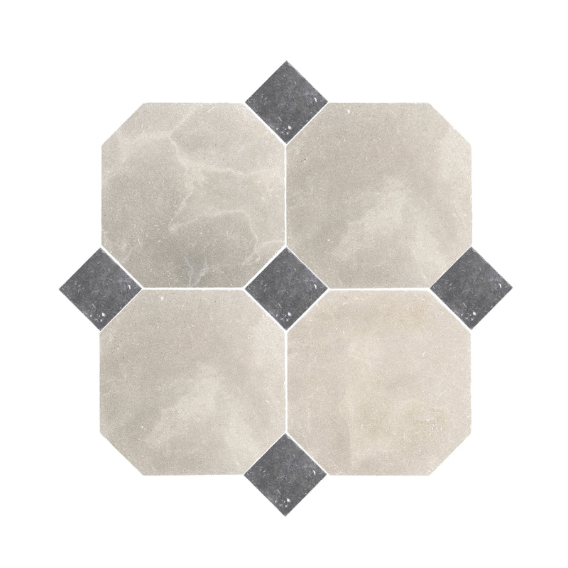 Octagon Azru Grey 12x12 & Cinder 4x4 Tumbled & Honed Moroccan Limestone - Checkerboard Bundle-Main Inventory-All Products,Checkerboard,Natural Stone,Octagon-Riad Tile