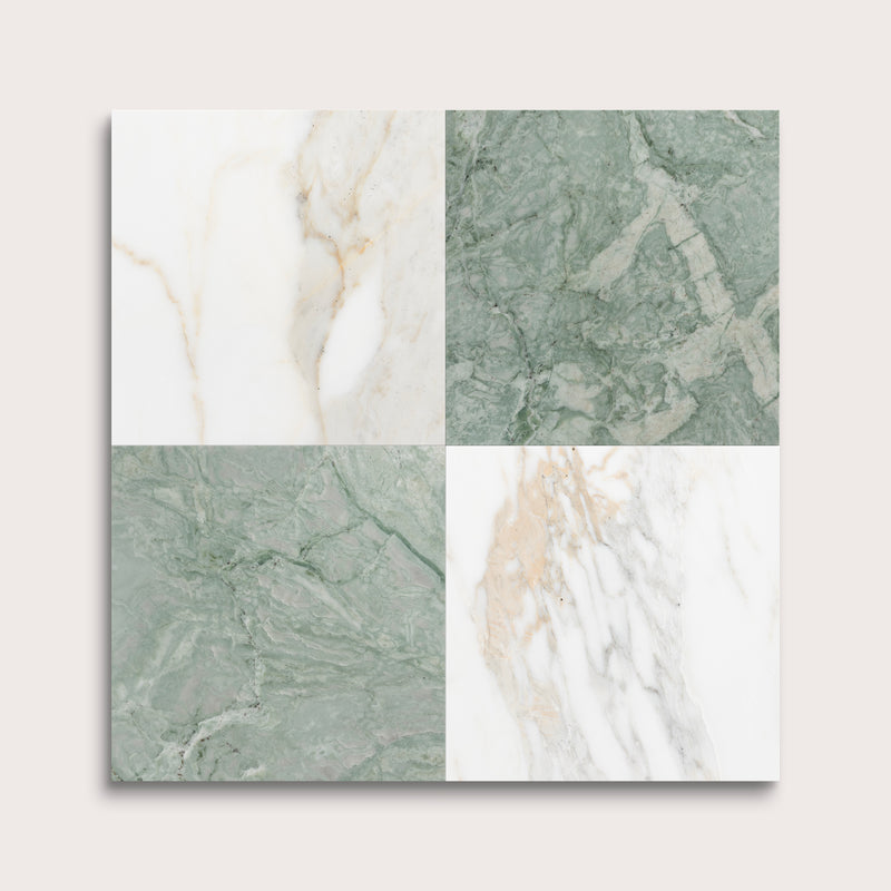 marble and limestone square tiles in checkerboard pattern on light grey background