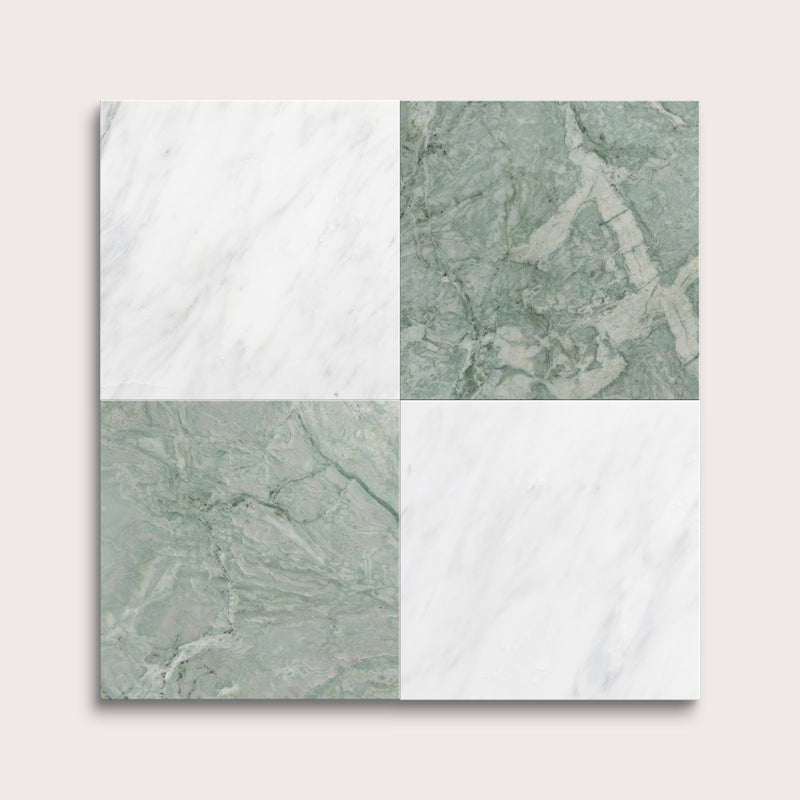 marble and limestone square tiles in checkerboard pattern on light grey background