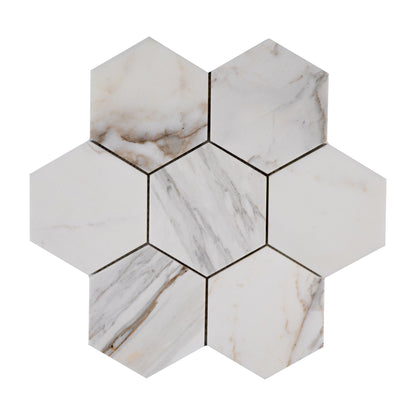Calacatta Gold 5 Inch Hexagon Mosaic Marble Tile | Honed-Main Inventory-All Products,Natural Stone-Riad Tile
