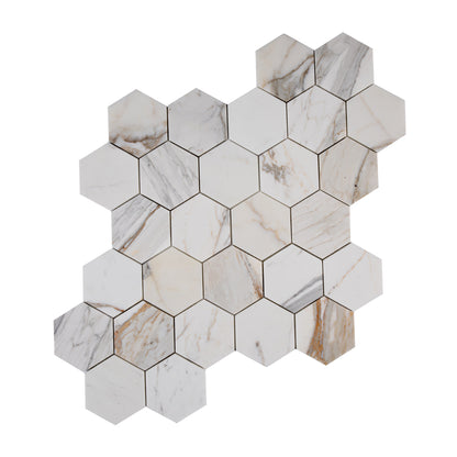 Calacatta Gold 5 Inch Hexagon Mosaic Marble Tile | Honed-Main Inventory-All Products,Natural Stone-Riad Tile