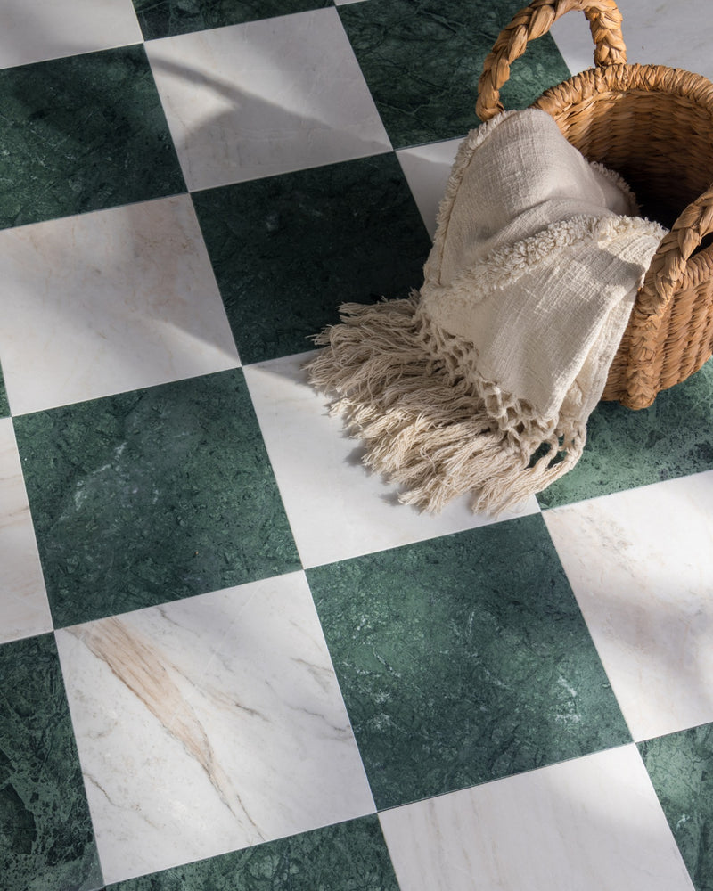 Emerald green marble worthy of following the yellow brick road. Monte Verde Marble brings a transportive twist to a timeless checkerboard.

Tile: Casablanca Gold & Monte Verde 12x12 Marble | Honed - Checkerboard Bundle