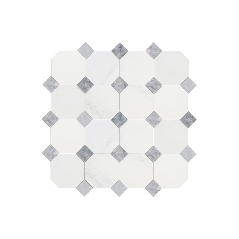 Octagon & Dot Octodot Casablanca Carrara & Bardiglio Grey Marble Tile | Honed-Main Inventory-All Products,Natural Stone-Riad Tile